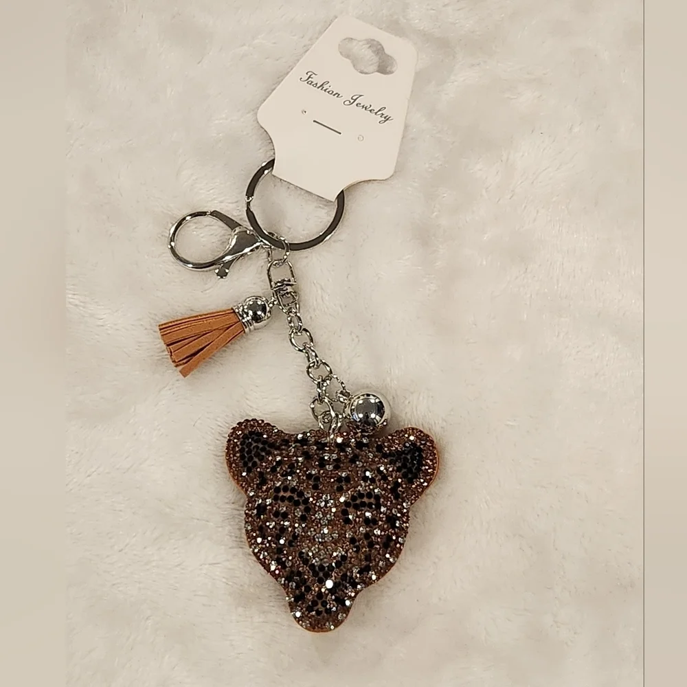 Leopard Brown Rhinestone Keychain Bag Charm